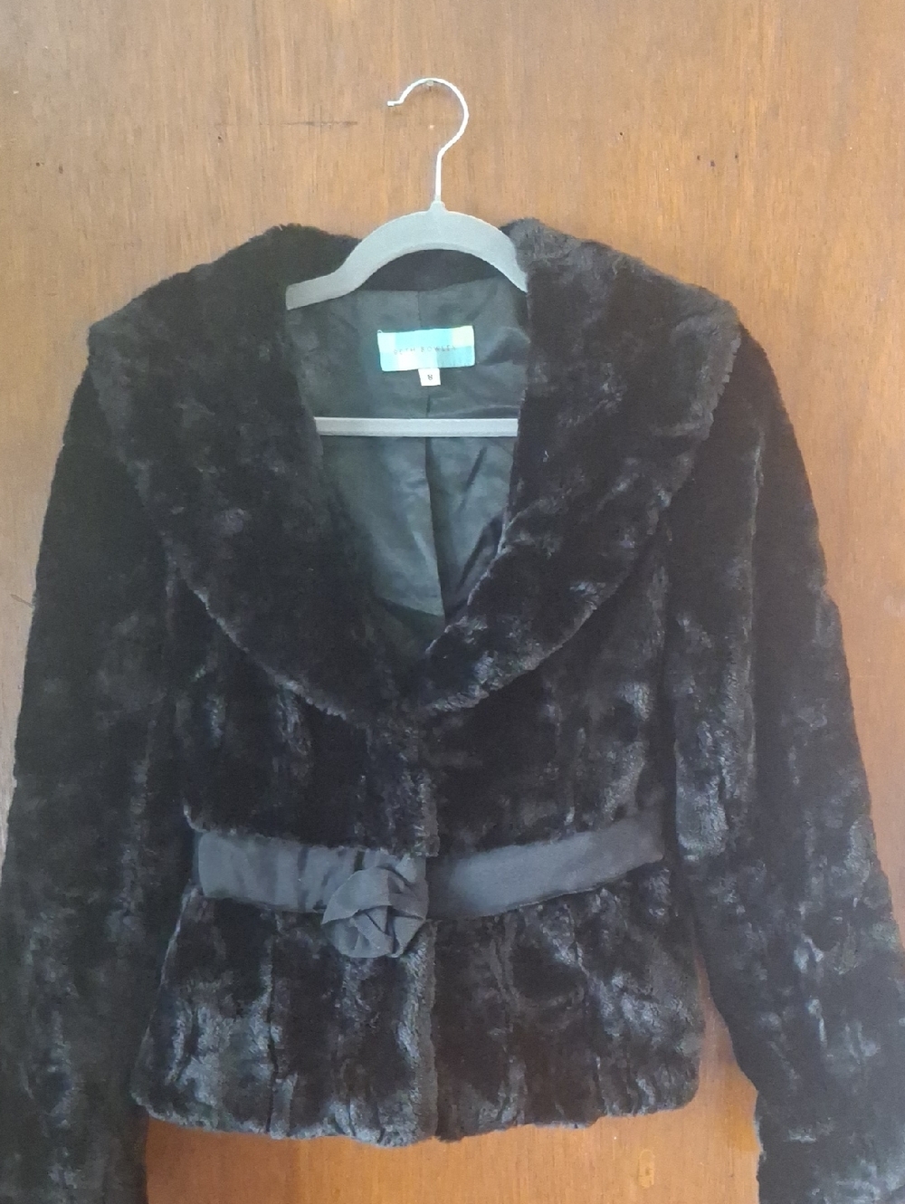 Beth Bowley Black Faux Fur Fitted Coat Ribbon Rose Detail Sz8 Fits Like Sz 4